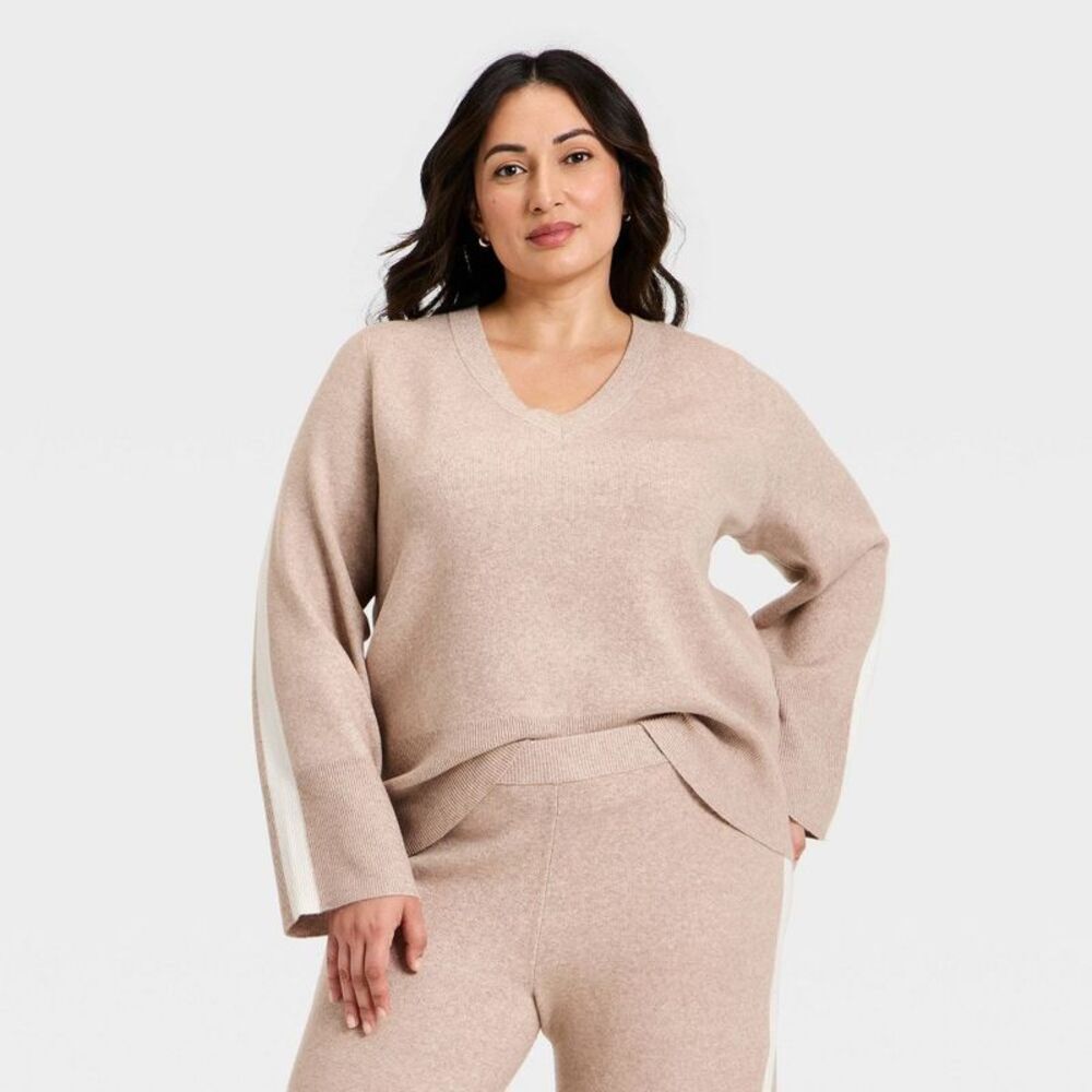 Women's Long Sleeve V-Neck Knit Pullover Sweater - Ava & Viv Taupe XXL